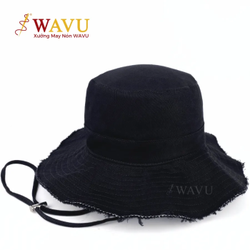 Nón Tai Bèo Denim Đen Vành Bụi – Có Quai Chống Rơi