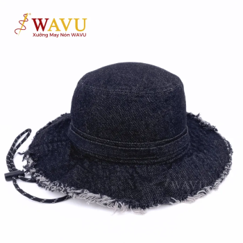 Nón Tai Bèo Denim Đen Vành Tua Rua – Có Quai Chống Rơi